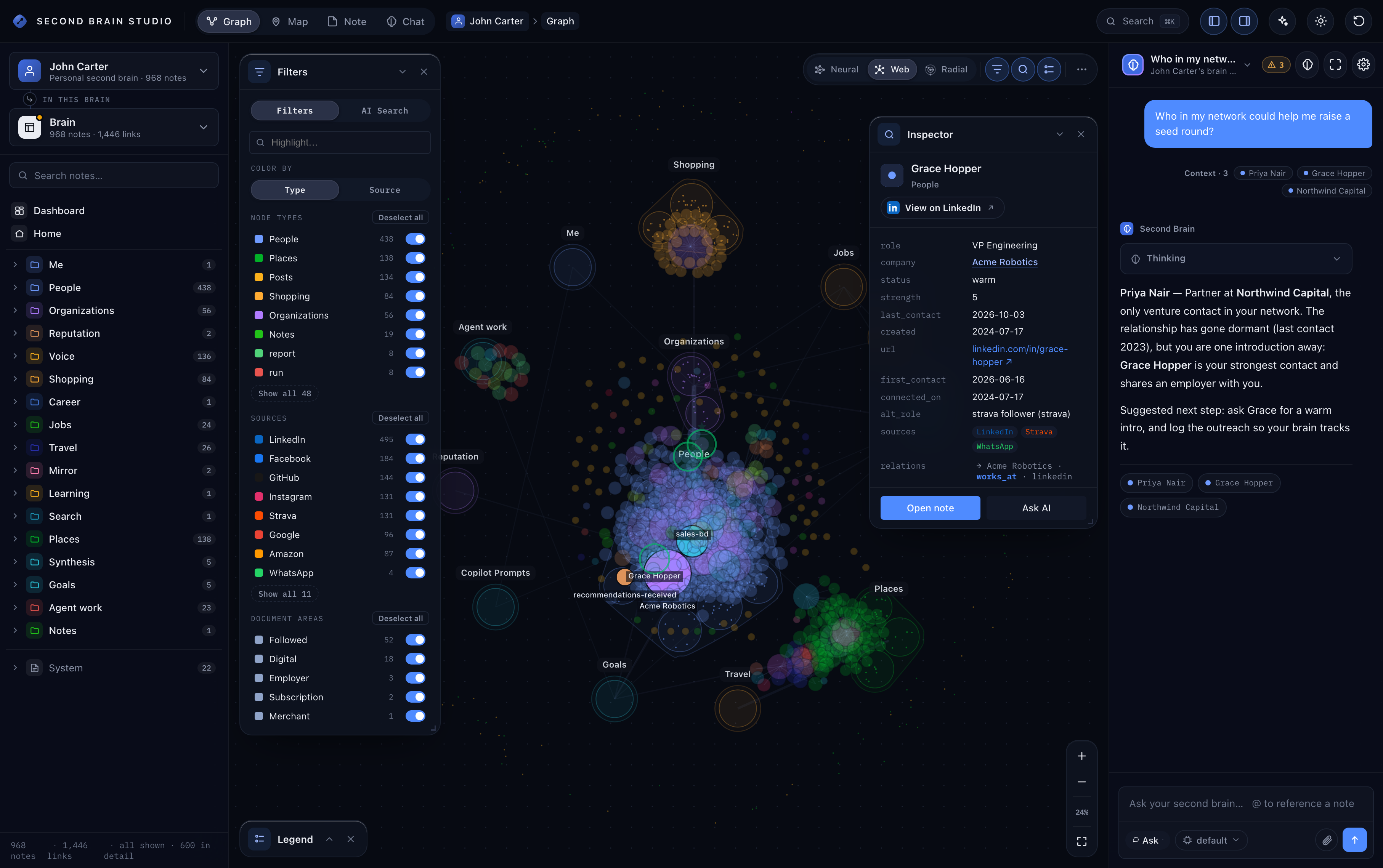 Second Brain Studio desktop app — interactive knowledge graph (dark mode)